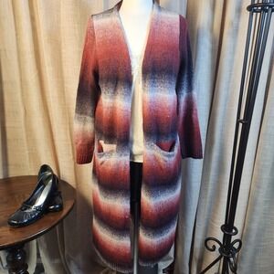 Joseph A Ombre Stripe Long Duster Cardigan L Burgundy Boho Western Pockets